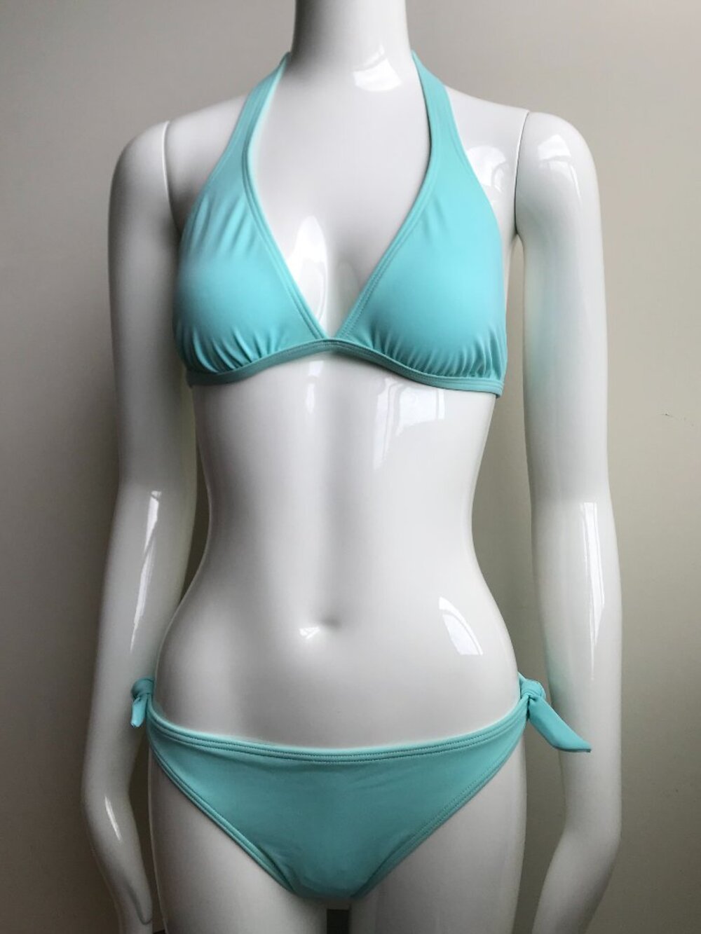 billabong d cup small bottom solid aqua halter bikini